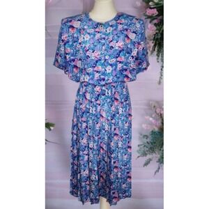 VTG Leslie‎ Fay Blouson Dress Womens Blue/Purple Pleated Skirt Floral 6 Petite